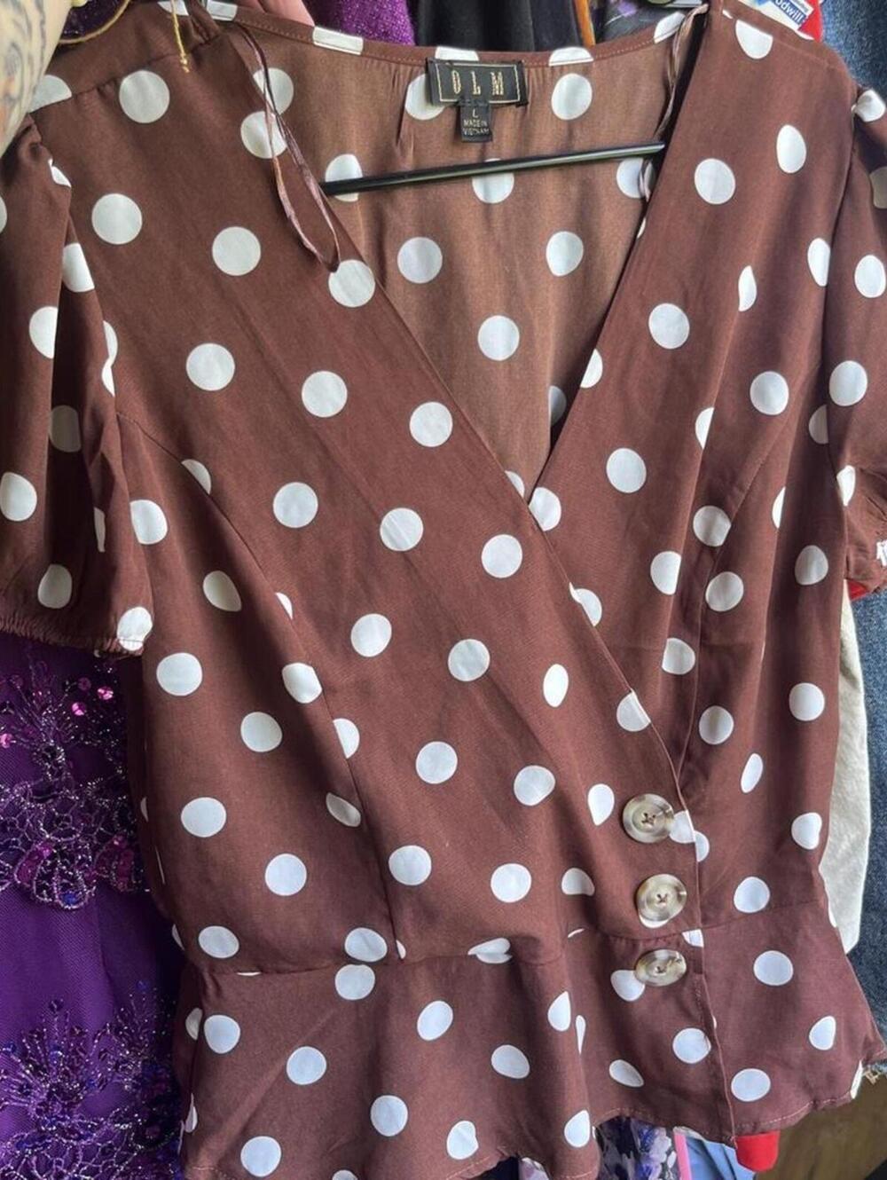 Retro brown and white polka dot blouse with button-up front and ruffled sleeves